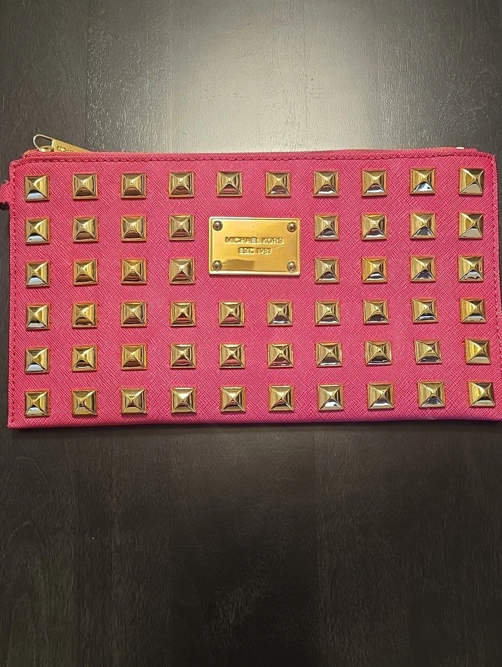 Michael Kors Hot Pink Studded Zip Clutch with Gold Hardware